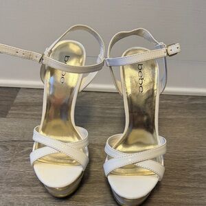Bebe Gold and White Strappy Heels